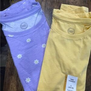 2-Pack Wonder Nation Girls Large 10/12 Short Sleeve Tops Yellow Purple Flowers